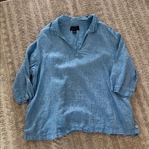 TAHARI 100% Linen 3/4 Sleeve Collared Blue V Neck Mother of Pearl Buttons 2X